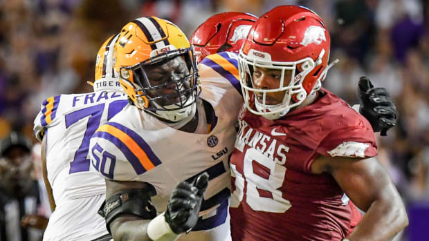 Razorbacks defensive lineman Jashaud Stewart against LSU on Saturday night